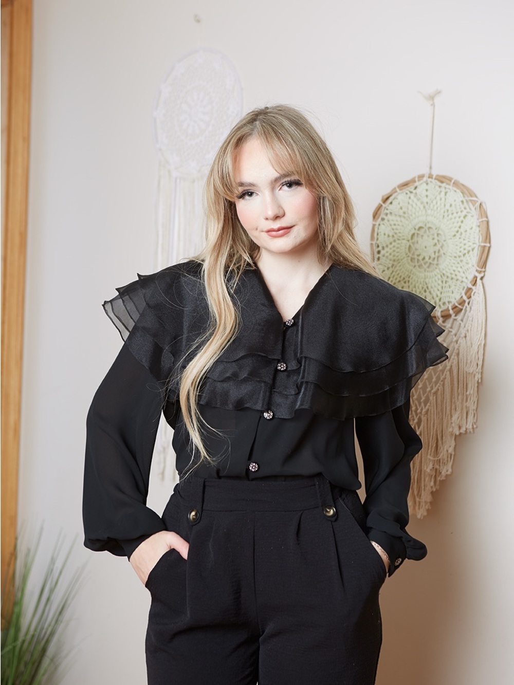 Vintage 80s Braemar Black Ruffle Collar Blouse with Sheer Layered Yoke M